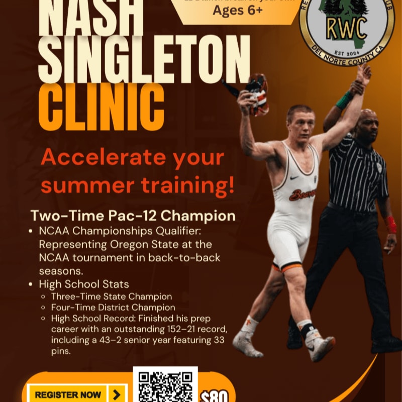 A wrestling clinic poster features a victorious wrestler with raised arms in the foreground, while the background displays event details and logos.