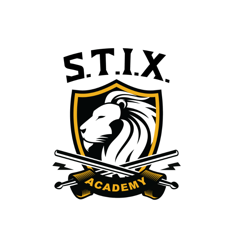 A white lion's head with a flowing mane is emblazoned on a black and gold shield, with crossed drumsticks and the words "S.T.I.X. ACADEMY" in the foreground, all set against a plain white background.