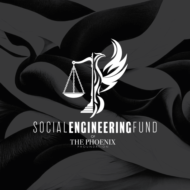A white logo featuring a phoenix and scales of justice is centered on a dark, abstract, rippling background.