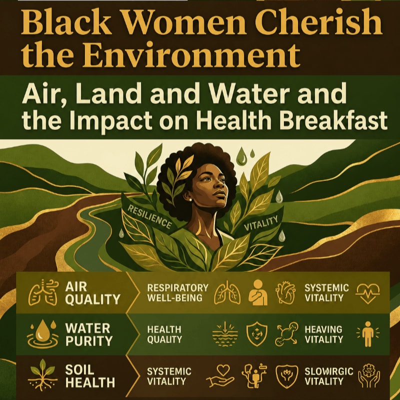 A woman with a crown of leaves stands against a backdrop of rolling green hills and a winding river, with icons illustrating the connection between environmental elements and health in the foreground.