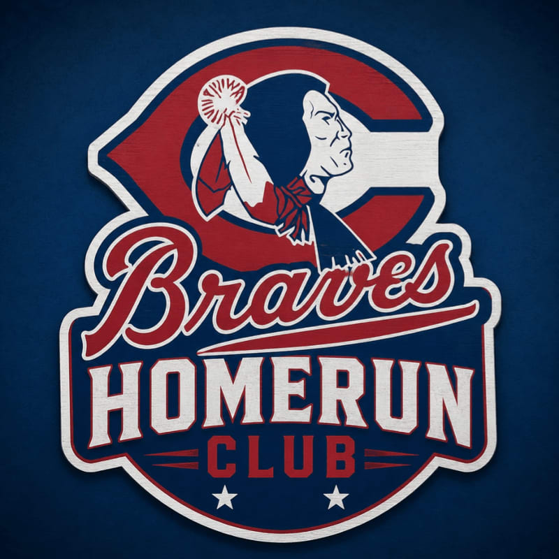 A stylized logo for the "Braves Homerun Club" featuring a Native American profile and text is set against a dark blue background.
