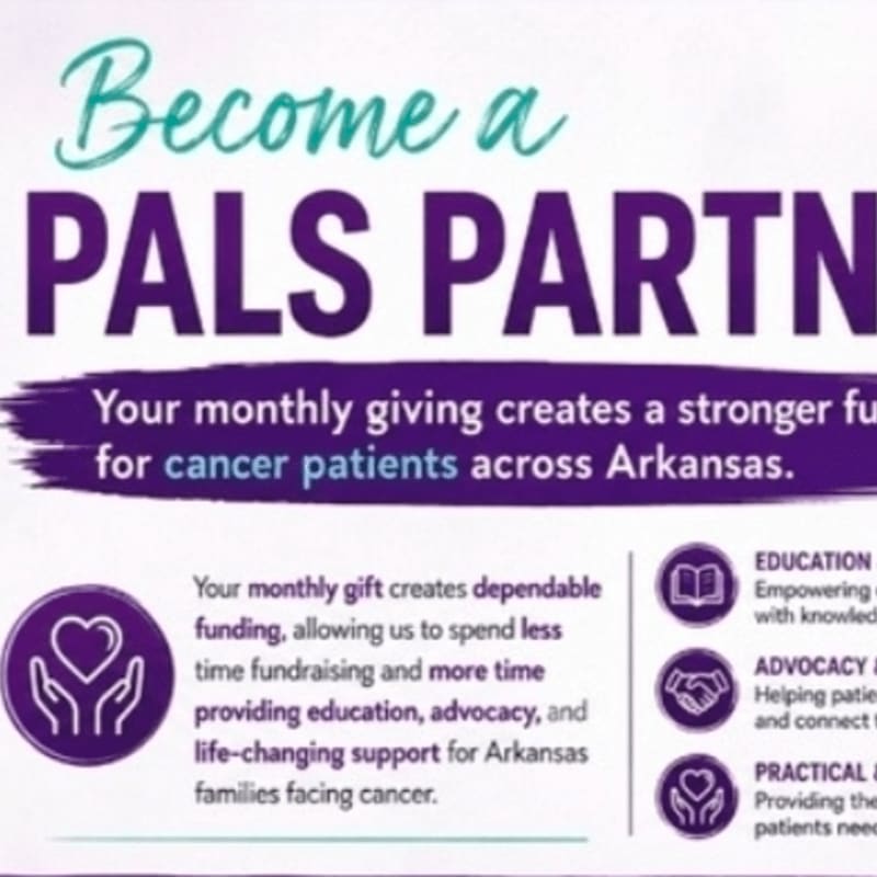 In the foreground, text and icons describe how monthly donations support cancer patients, while the background features large purple and teal text that reads "Become a PALS PARTN".