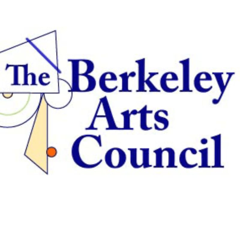 Abstract geometric shapes in muted colors form the logo's left side, with the words "The Berkeley Arts Council" in bold blue text filling the right.