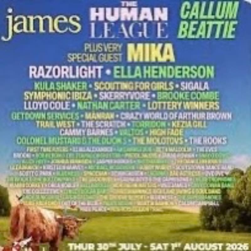 A poster for a music festival featuring a lineup of artists is displayed against a backdrop of a blue sky and green rolling hills with a Highland cow in the foreground.