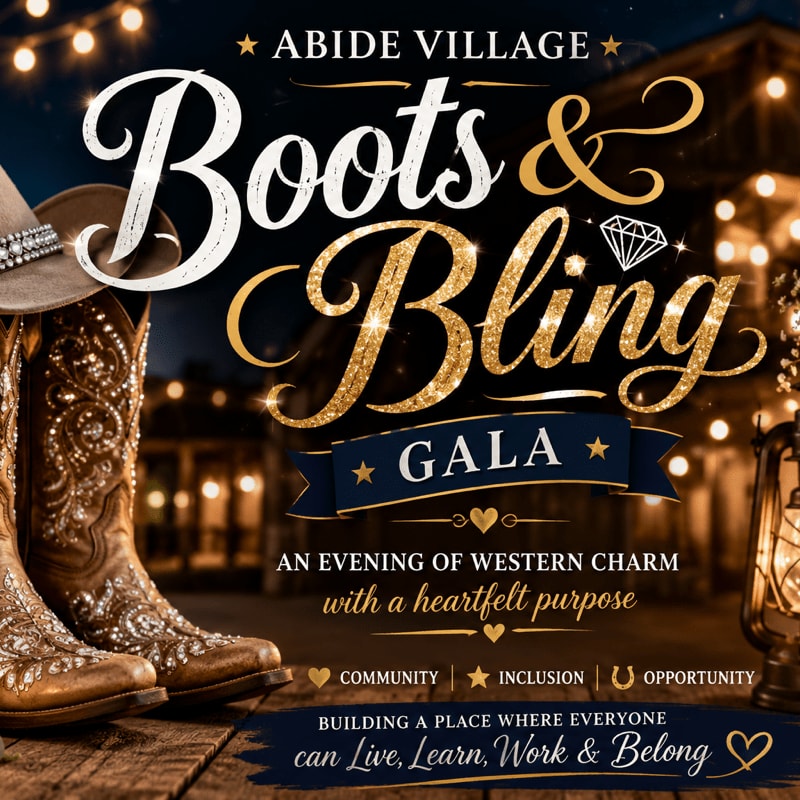A pair of ornate cowboy boots and a hat rest on a wooden surface in the foreground, while a festive "Boots & Bling Gala" event is advertised against a backdrop of twinkling lights and western-themed graphics.