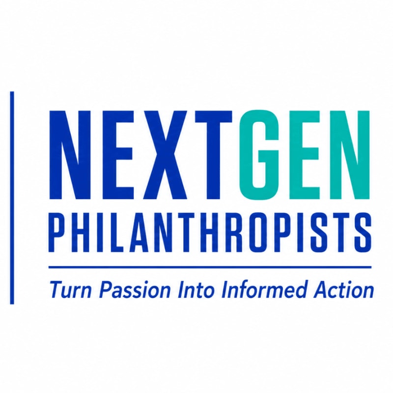 A white background frames the blue and teal text "NEXTGEN PHILANTHROPISTS" above the tagline "Turn Passion Into Informed Action," with a thin blue vertical line to the left.