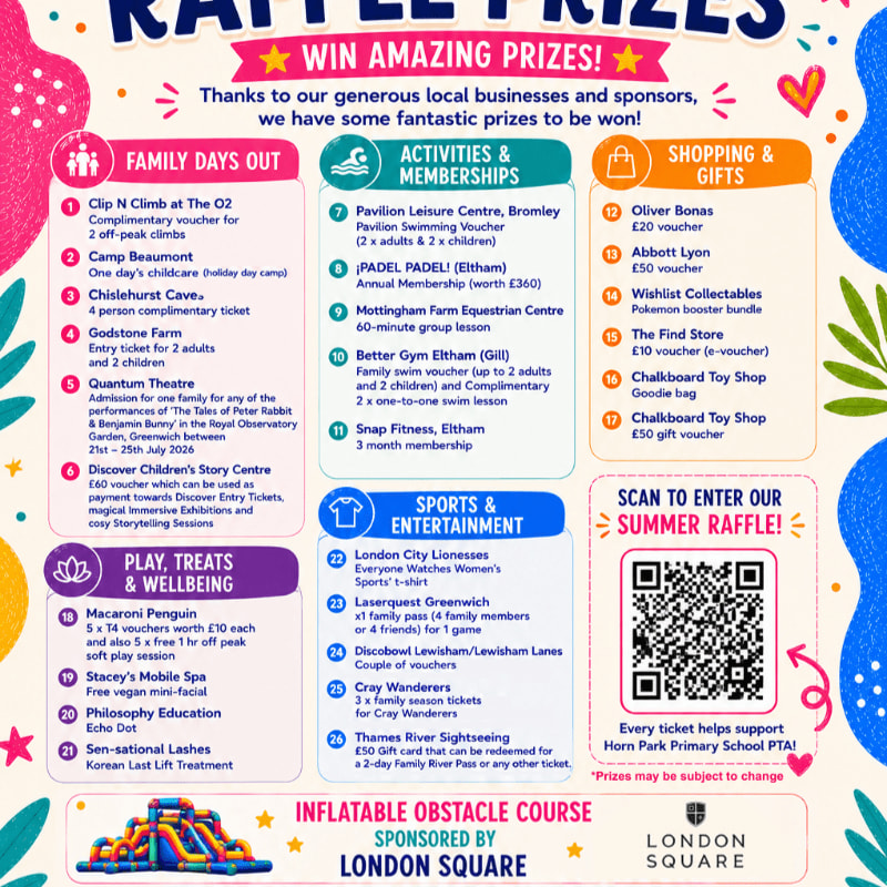 A colorful raffle poster lists prizes for family days out, activities, shopping, and sports, with an inflatable obstacle course sponsored by London Square in the foreground and a QR code for entry in the background.