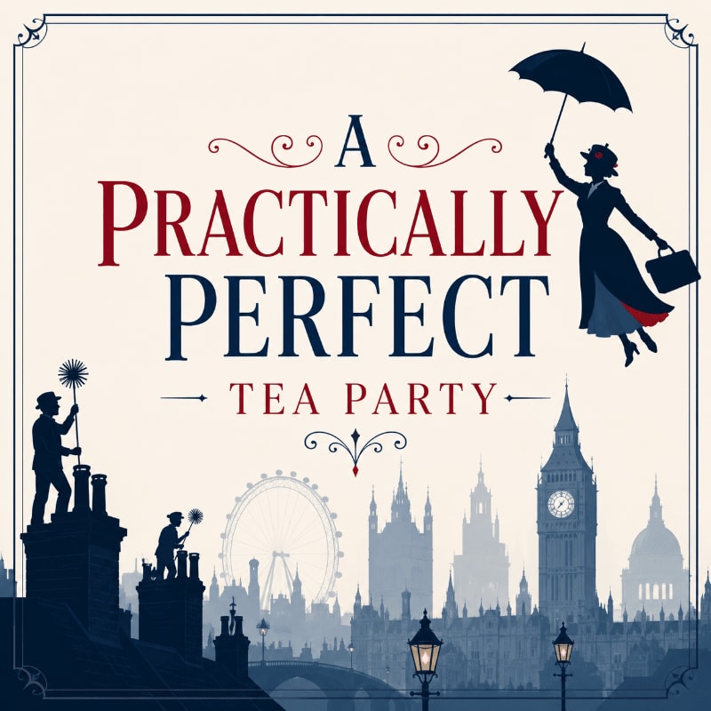Silhouettes of chimney sweeps and a woman with an umbrella are in the foreground, with a London skyline featuring Big Ben and the London Eye in the background.