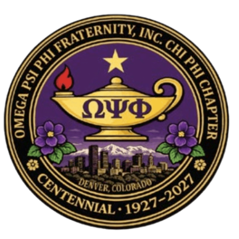 A golden oil lamp with the Omega Psi Phi fraternity letters sits above a cityscape in front of purple violets, all within a circular emblem that reads "Omega Psi Phi Fraternity, Inc. Chi Phi Chapter Centennial 1927-2027 Denver, Colorado."