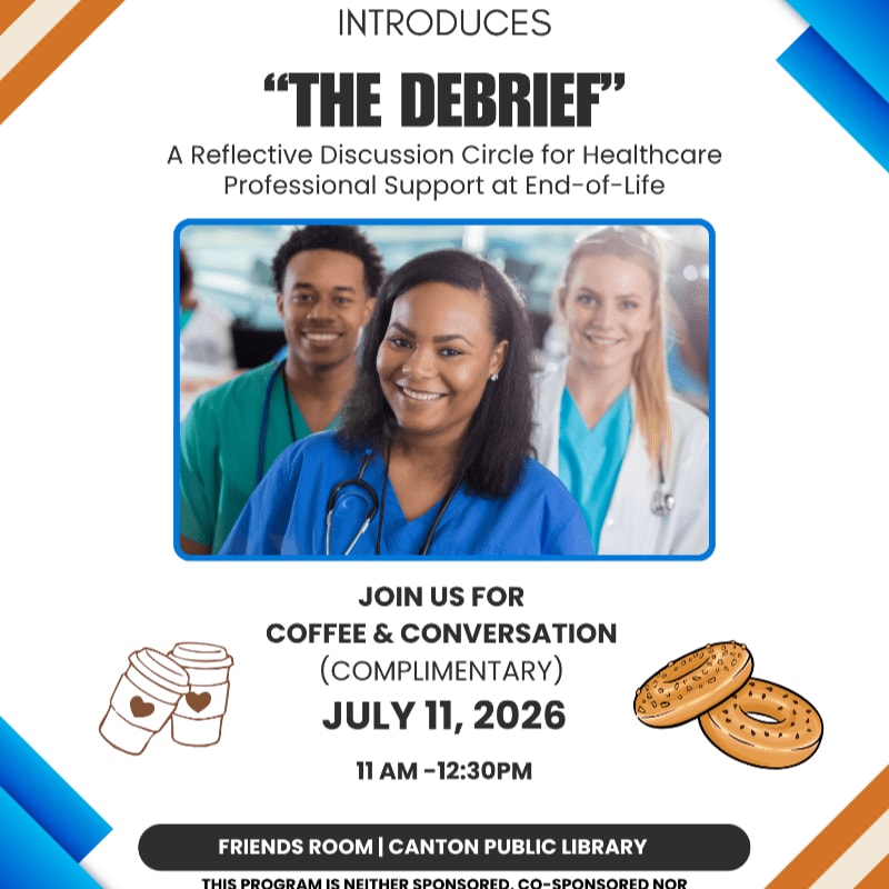 Three smiling healthcare professionals are featured in the foreground, with the event details and graphics of coffee cups and bagels in the background.