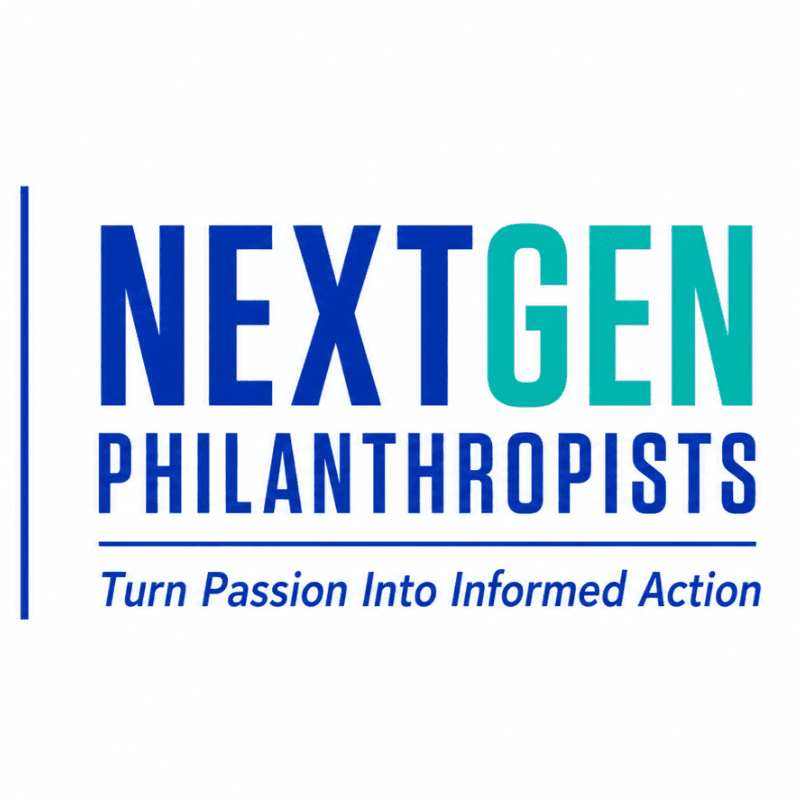 A white background frames the blue and teal text "NEXTGEN PHILANTHROPISTS" above the tagline "Turn Passion Into Informed Action," with a thin blue vertical line to the left.