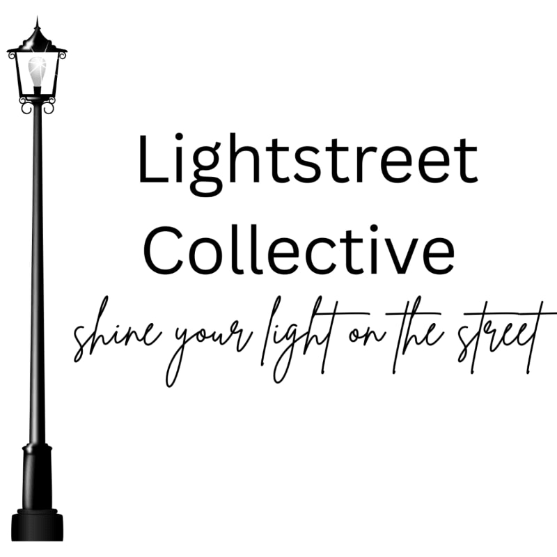 A black lamppost stands on the left, with the words "Lightstreet Collective" and "shine your light on the street" in black text on a white background.