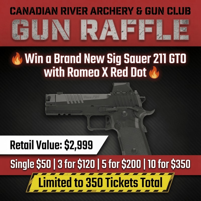 A black handgun with a red dot sight is displayed in the foreground against a dark background advertising a gun raffle for the Canadian River Archery & Gun Club.