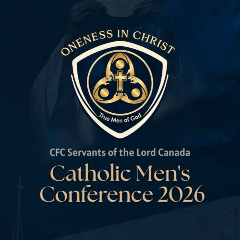 A dark blue background features a golden shield with religious symbols and text about the "Catholic Men's Conference 2026" in the foreground, while a blurred image of a person in religious attire is visible in the background.