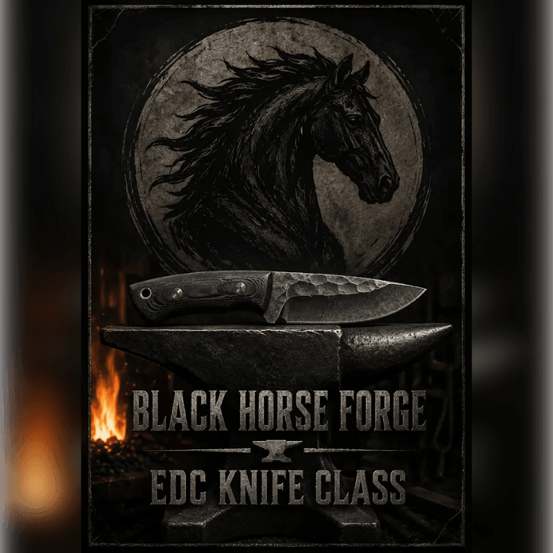 A rugged knife rests on an anvil in the foreground, with a stylized black horse head and forge fire in the background.