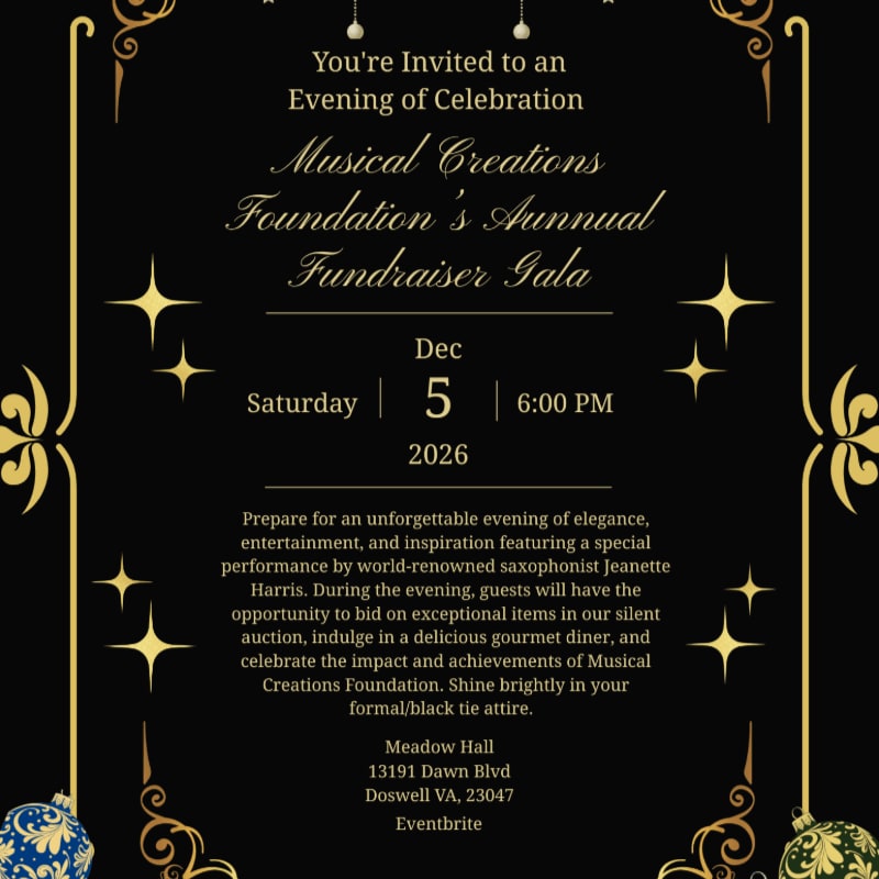 A black invitation for a "Musical Creations Foundation's Annual Fundraiser Gala" is adorned with gold filigree and starbursts, with details of the event and location at the bottom.