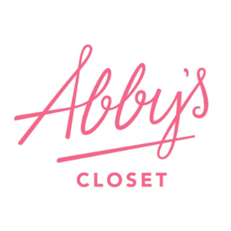 Pink cursive text reading "Abby's" is overlaid on a white background, with the word "CLOSET" in pink sans-serif font below it.