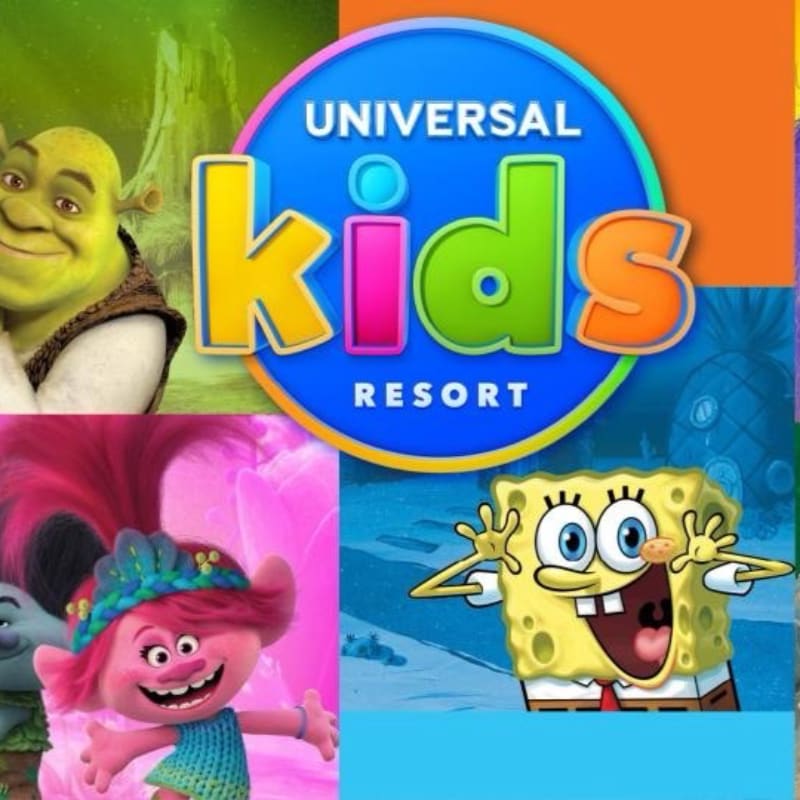 The foreground features characters from Shrek, Trolls, and SpongeBob SquarePants, with the Universal Kids Resort logo prominently displayed in the center against a colorful background.