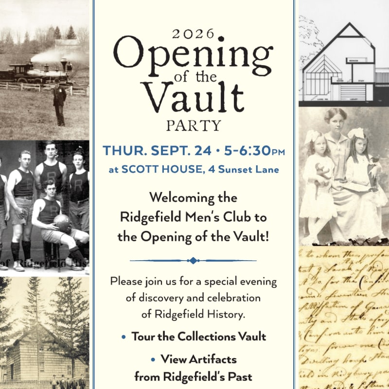 Vintage photographs of a steam train, a group of men, and a building are arranged around a central invitation for the "2026 Opening of the Vault Party" at Scott House.