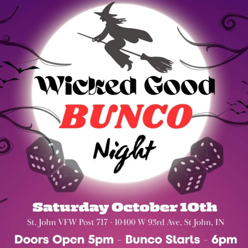 Two dice sit in the foreground against a purple background with a witch flying across a full moon, advertising a "Wicked Good Bunco Night" on Saturday, October 10th.
