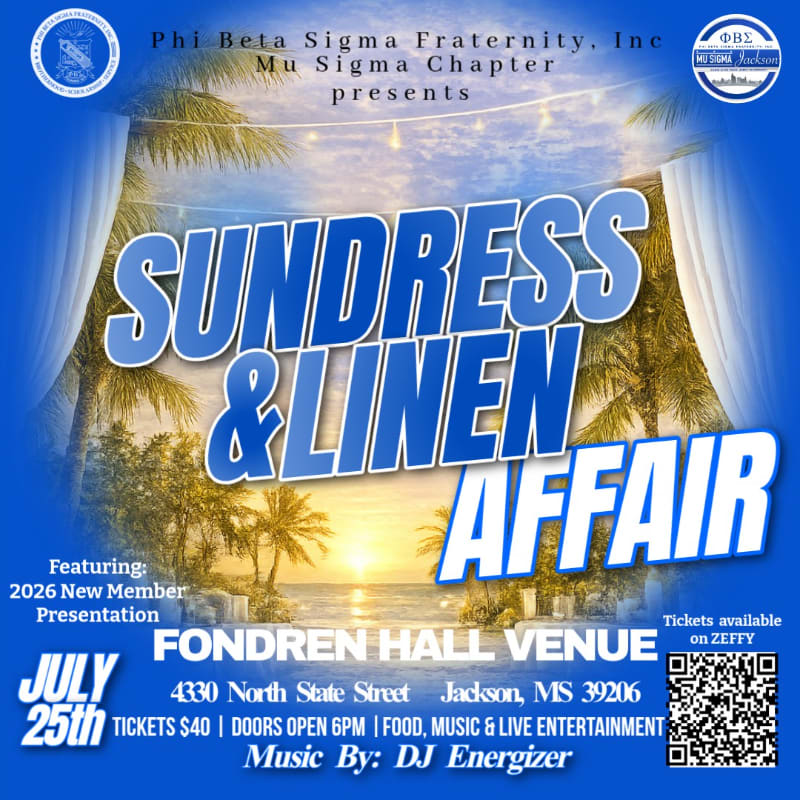 A tropical sunset with palm trees forms the background for a "Sundress & Linen Affair" event poster, which prominently displays event details in the foreground.