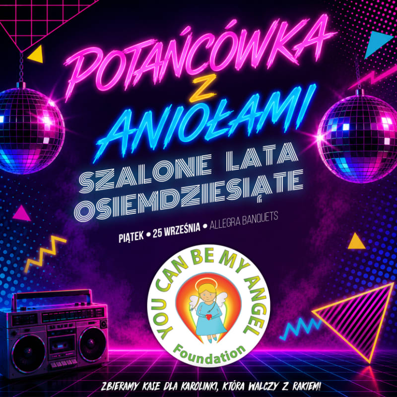 A retro boombox and disco balls fill the foreground against a neon-drenched background advertising an 80s dance party.