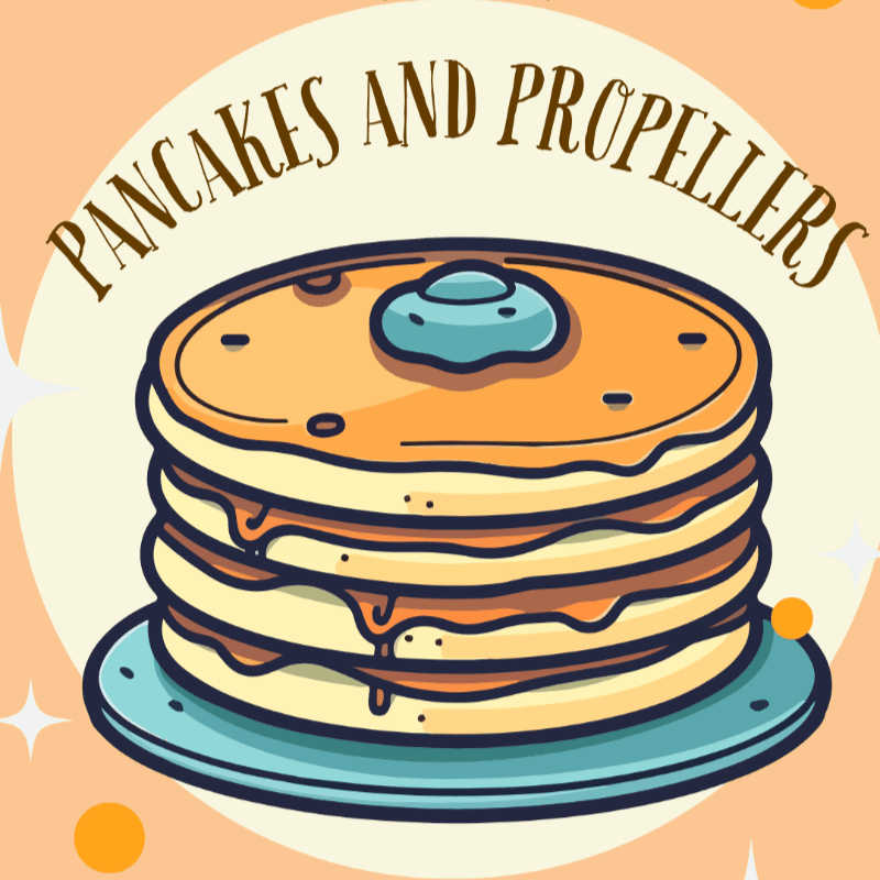 A stack of syrup-drizzled pancakes sits on a plate in the foreground, with the words "PANCAKES AND PROPELLERS" arching over them against a soft orange background.