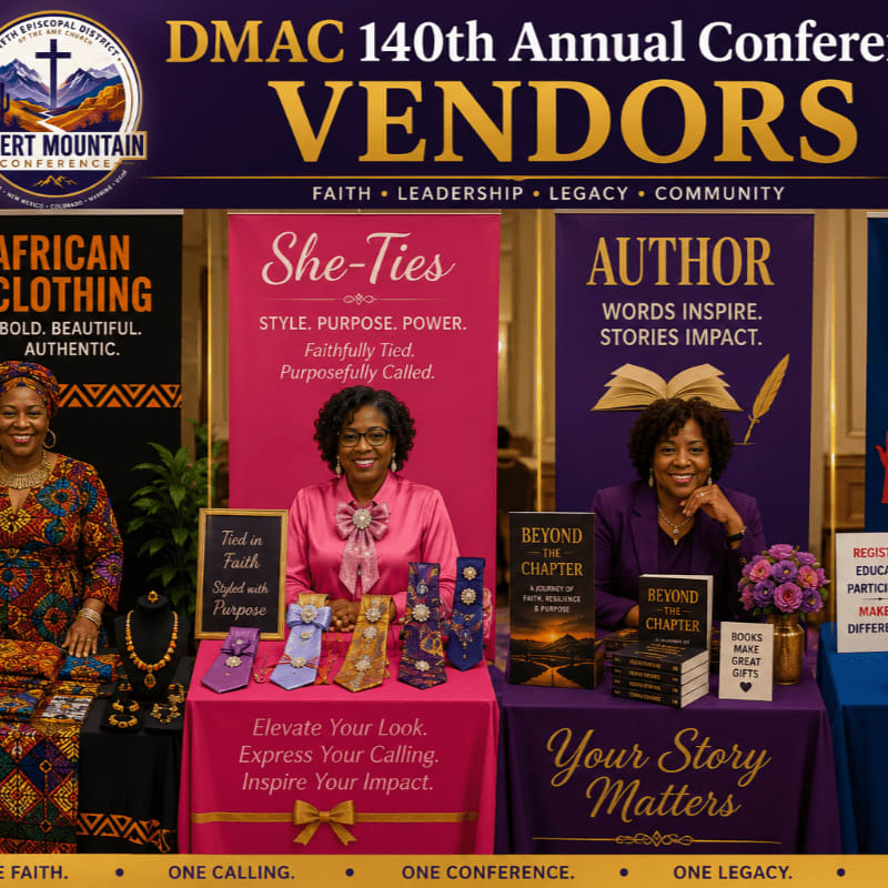 Three women stand behind tables displaying African clothing, ties, and books at a vendor event, with a banner overhead announcing "DMAC 140th Annual Conference VENDORS."