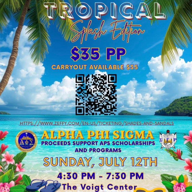 Palm trees frame a tropical beach scene with a QR code and event details in the foreground.