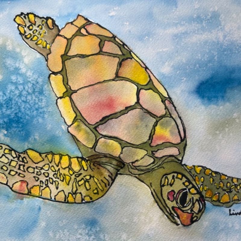 A watercolor painting of a sea turtle with a patterned shell swims through a blue, cloudy background.