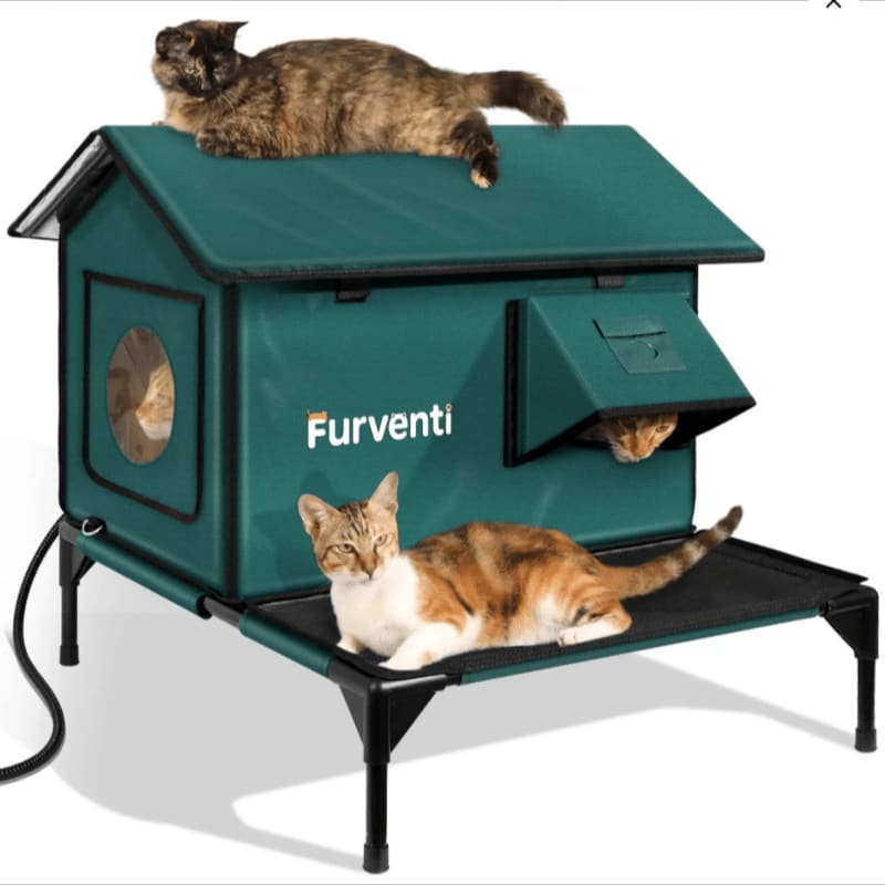 Two cats lounge on a teal outdoor cat house with a third cat peeking out from an opening, all against a white background.