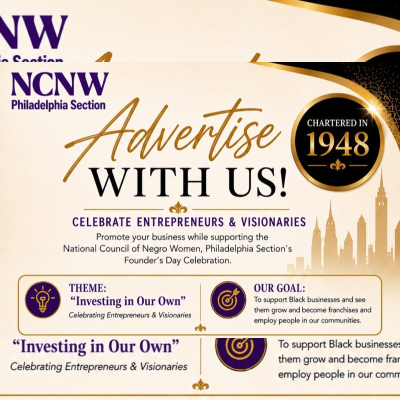 The foreground features text promoting advertising opportunities with the NCNW Philadelphia Section, while the background displays a stylized cityscape and the organization's charter year.