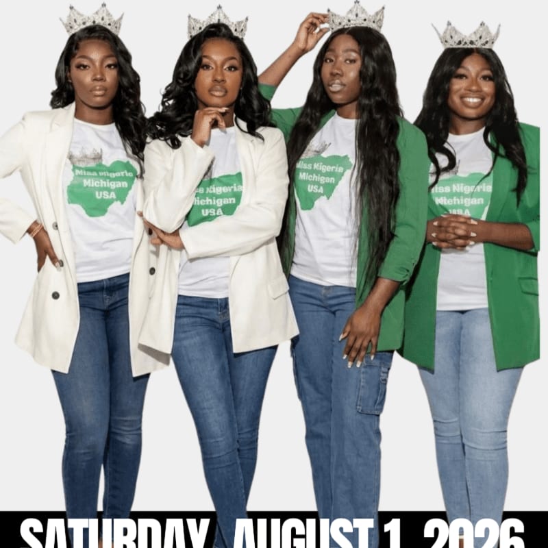 Four young Black women wearing crowns and "Miss Nigeria Michigan USA" t-shirts stand in front of a white background with bold black text at the bottom.
