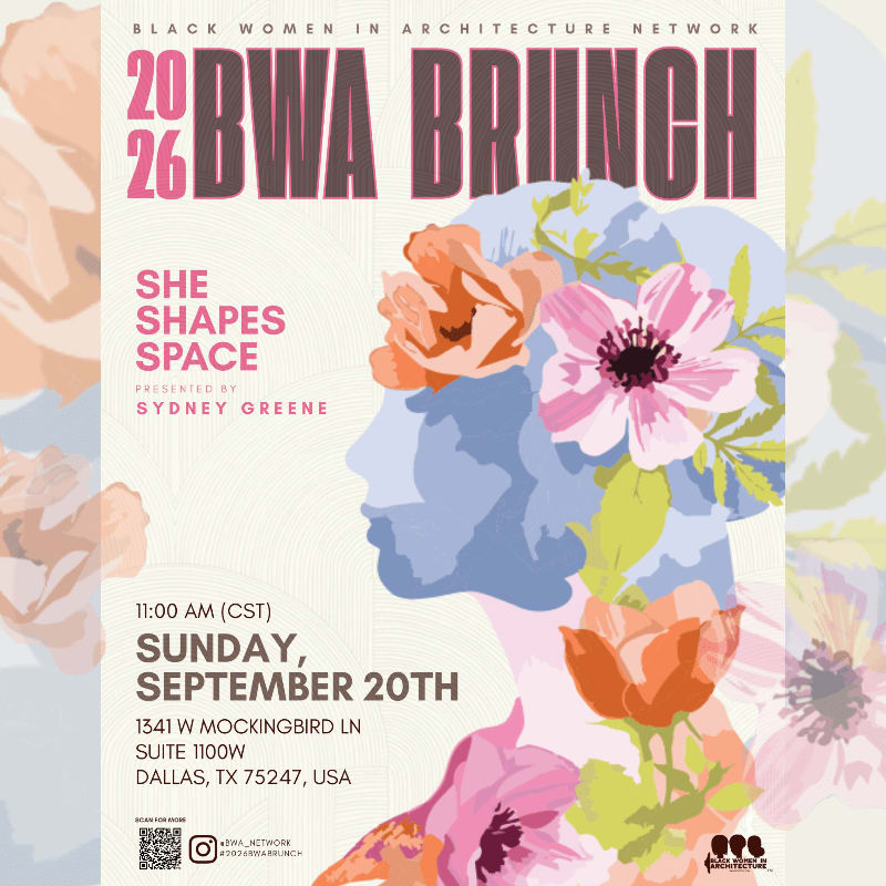 A stylized profile of a woman's head, adorned with colorful flowers, is set against a background of floral patterns, advertising the "BWA BRUNCH" event.