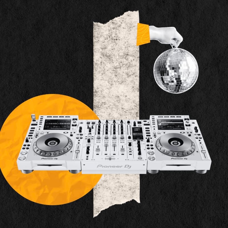 A white DJ setup sits on a torn paper background with a yellow circle and a hand holding a disco ball above it, all against a black textured backdrop.