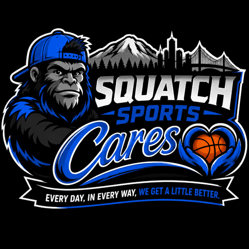 A blue-capped Bigfoot stands to the left, with "Squatch Sports Cares" and a basketball heart in the center, against a backdrop of mountains and a city skyline.