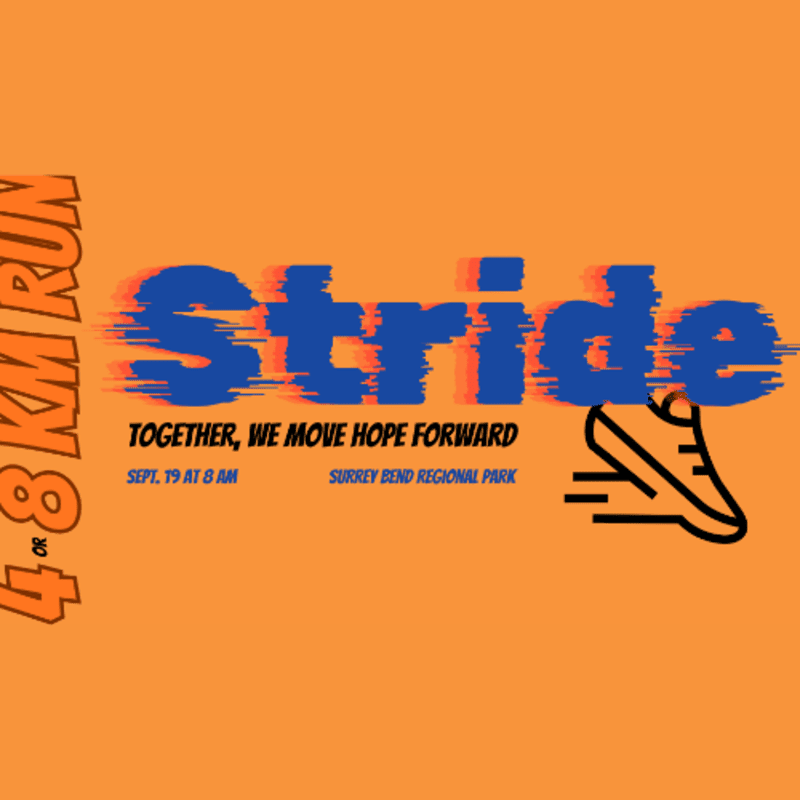An orange banner advertises a "Stride 4-8 KM Run" with a stylized running shoe in the foreground and event details on a bright orange background.