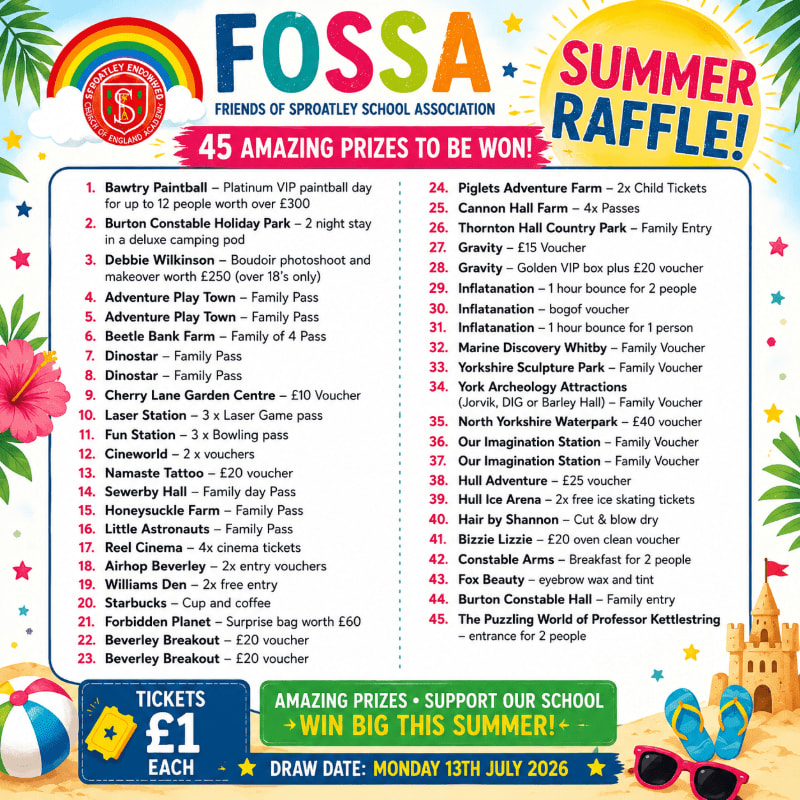 A colorful summer raffle poster with a list of prizes is displayed in the foreground, with a sandy beach scene and a castle in the background.
