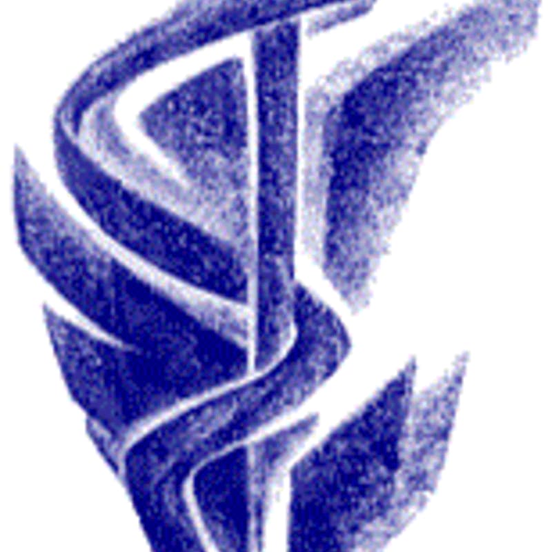 A blue abstract design with swirling lines in the foreground is set against a white background.