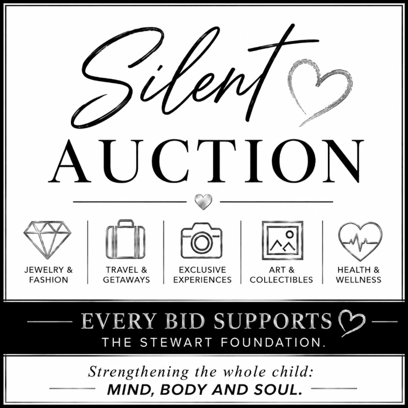 A black and white graphic advertises a silent auction with icons representing various categories in the foreground and text about supporting The Stewart Foundation in the background.