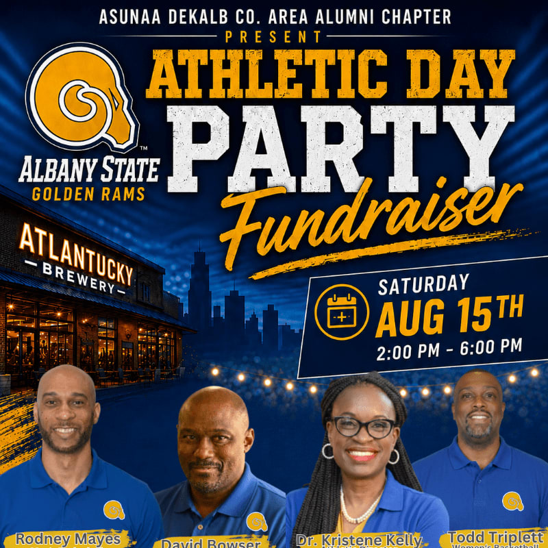 Four smiling individuals are featured in the foreground against a backdrop of a brewery and city skyline, advertising an "Athletic Day Party Fundraiser" for Albany State Golden Rams.
