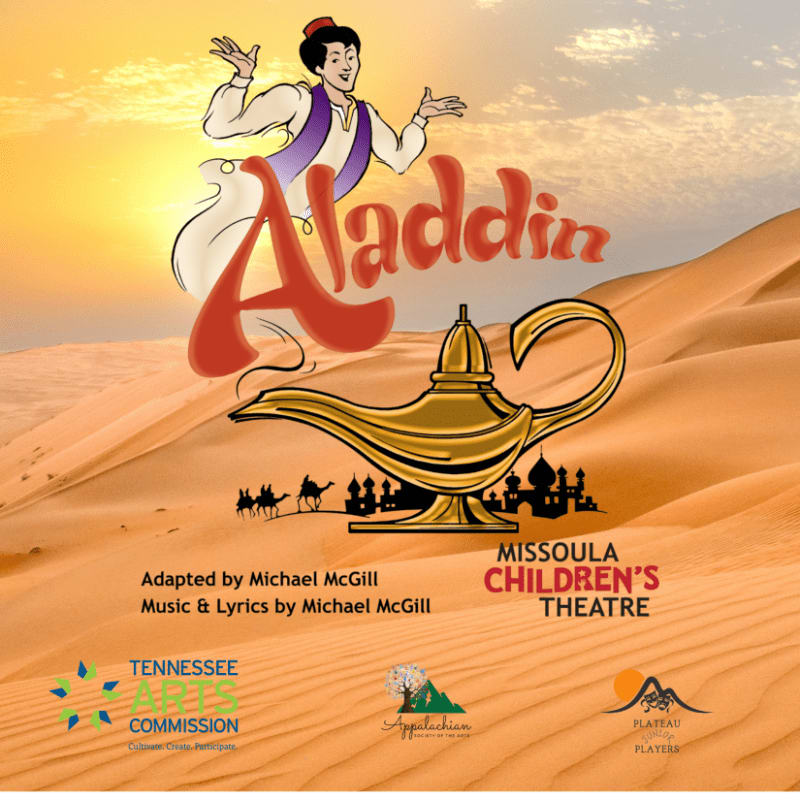 Aladdin, a genie lamp, and a desert landscape with a distant city are featured in the foreground, while sand dunes and a sunset fill the background.