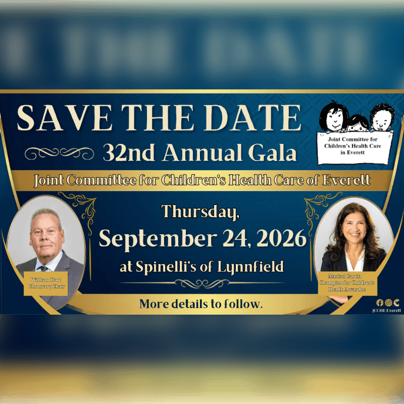 A "Save the Date" announcement for the 32nd Annual Gala of the Joint Committee for Children's Health Care of Everett, featuring photos of two individuals and event details against a blue and gold background.