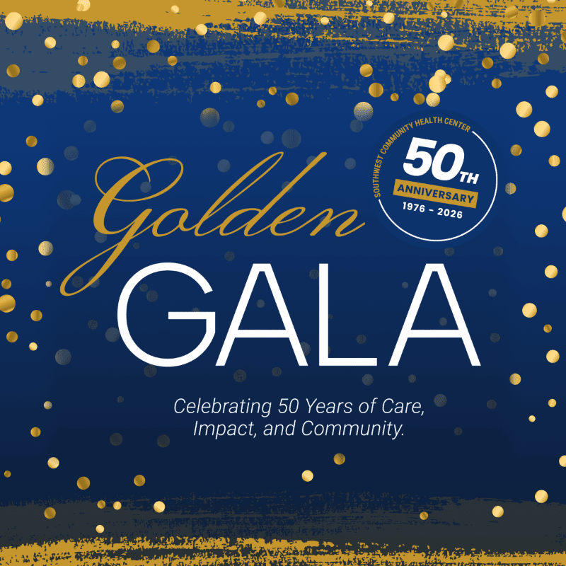 Golden confetti sprinkles across a dark blue background with text announcing a 50th anniversary gala.