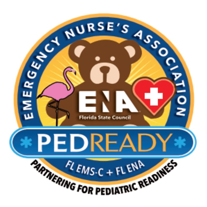 A circular logo features a teddy bear and a flamingo in the foreground against a yellow background, with text about pediatric readiness in the background.