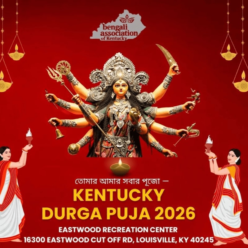 Two women in traditional attire hold diyas in the foreground, while a vibrant depiction of Goddess Durga is centered against a red background with decorative lamps and event details.