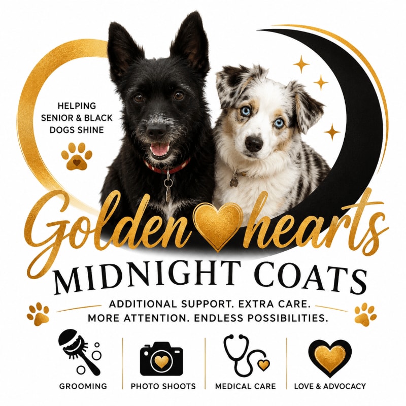 Two dogs, one black and one merle, are featured in the foreground against a background of a golden crescent moon and stars, with text promoting services for senior and black dogs.