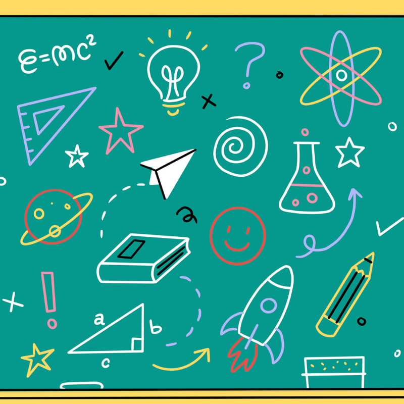 A vibrant teal background is filled with colorful, hand-drawn science and school-related icons, including a rocket, a lightbulb, and a planet, with a yellow border framing the entire image.