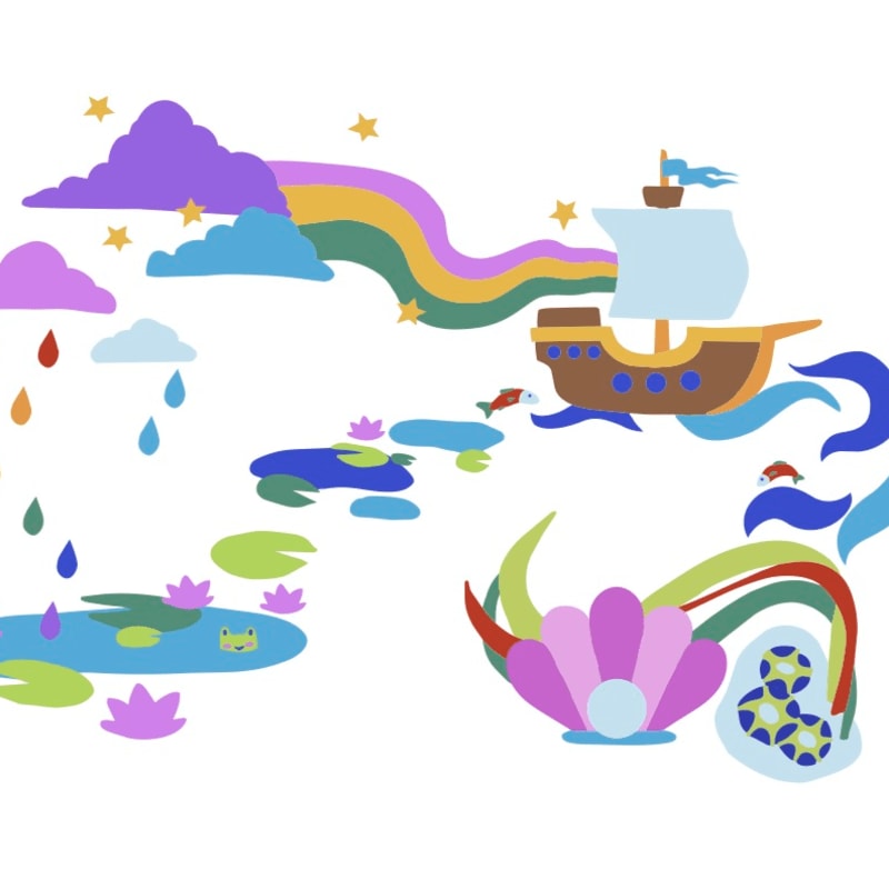 A whimsical scene unfolds with lily pad ponds and a frog in the foreground, while a sailing ship navigates colorful waves under a rainbow and starry sky in the background.