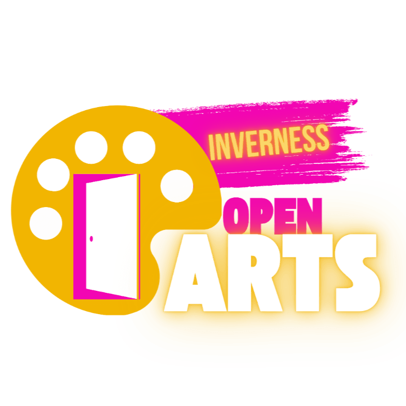 A yellow artist's palette with an open white door in the foreground is set against a bright pink brushstroke and the words "INVERNESS OPEN ARTS" in the background.